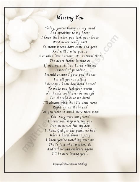 Missing You Sympathy Poem Remembrance Poem Funeral Poem Bereavement Poem Mother S Day Poem