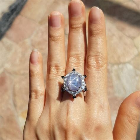 Blue Star Sapphire With Diamond And Black Diamond Ring In 18 Karat