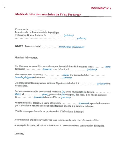 Modele De Lettre De Transmission Du Pv Au Procureur Pdf