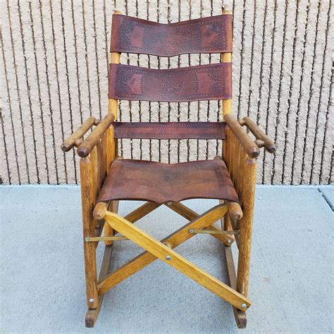 Tooled Leather Rocking Chair Vintage 70s Folding Rustic Sling Etsy
