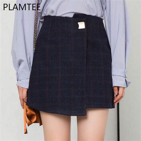 Plamtee Asymmetrical Woolen Skirt Autumn Vintage Plaid A Line Skirts