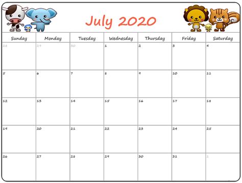 Printable Calendar July 2020 For Kids Kids Calendar July 2019