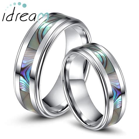 The perfect tungsten wedding ring and band with unique radiant color inserts. Mother of Pearl Inlaid Tungsten Wedding Bands Set for Women and Men, Unique Tungsten Carbide ...