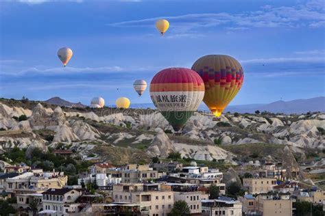 Hot Air Balloon Flies Over The City Of Goreme Editorial Image Image