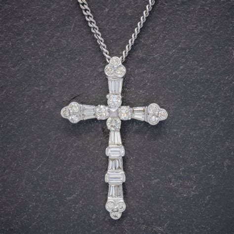 Vintage Diamond Cross Necklace 18ct White Gold Chain Antique