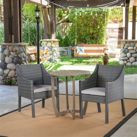 Jameson Outdoor 3 Piece Acacia Wood And Wicker Bistro Set With Cushions