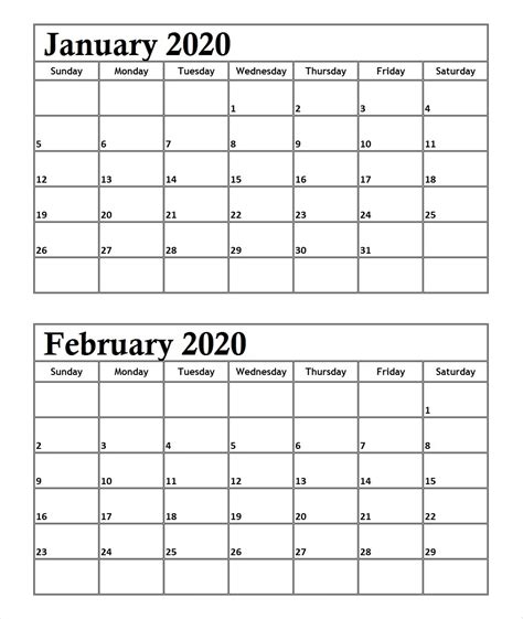 Collect Print One January 2020 Page Calendar Printables Free Blank
