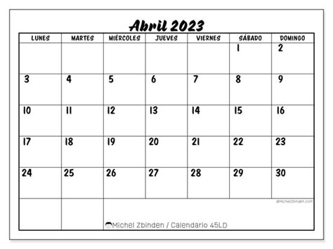 Calendario Abril De 2023 Para Imprimir “45ld” Michel Zbinden Pe