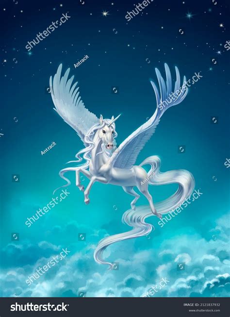Pegasus Unicorn Flying Night Sky Stock Illustration 2121837932