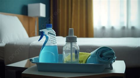 Tray With Cleaning Products On A Bed With Towels Background Picture Of