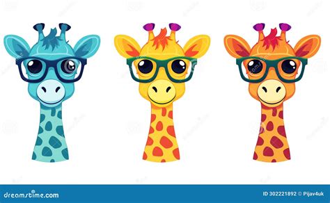 A Collection Of Portraits Of Cute Giraffes In Glasses On White Background Stock Illustration