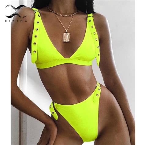 bikinx belt triangle swimsuit female bathing suit high cut bikini thong biquini neon sexy
