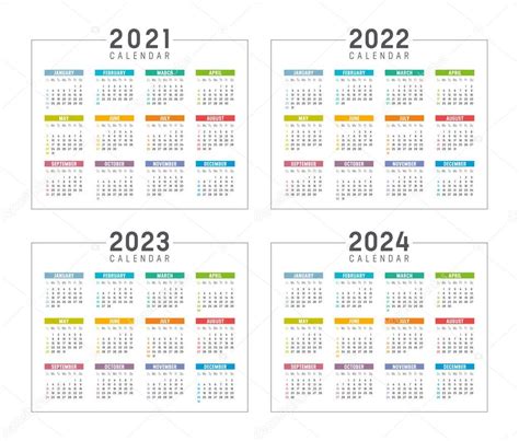 Años 2021 2022 2023 2024 Conjunto De Calendarios Coloridos Aislados En