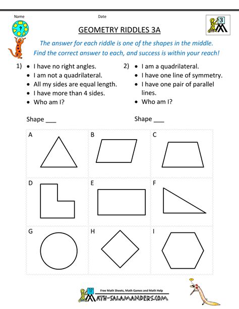 Here you will find our math puzzle worksheets page for 3rd grade which will help your child to develop their thinking and reasoning skills. Printable Geometry Worksheets - Riddles