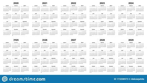 Simple Editable Vector Calendars For Year 2020 2021 2022 2023 2024 2025