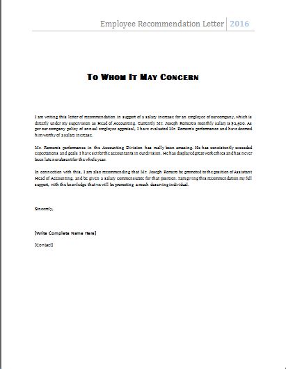ms word employee recommendation letter template word