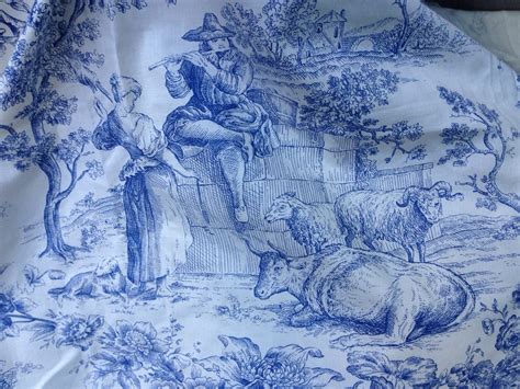 Gorgeous Vintage French Cotton Blue And White Toile Fabric