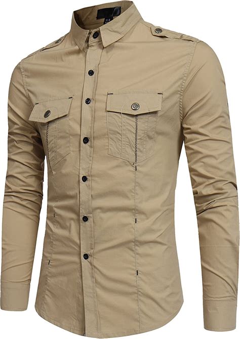 Zeroyaa Mens Tactical Epaulet Style Slim Fit Long Sleeve Casual Button