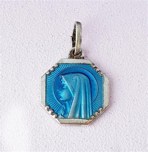 Blue Enamel Virgin Mary Medal Pendant Lourdes Charm Etsy Medals