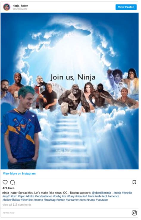 Ninja Hater Screenshot Of Instagram Post Ninja Ligma Death Hoax