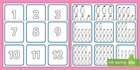 Penguin Themed 1 20 Number And Quantity Matching Cards Worksheet