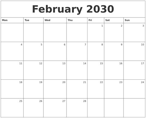 February 2030 Monthly Calendar