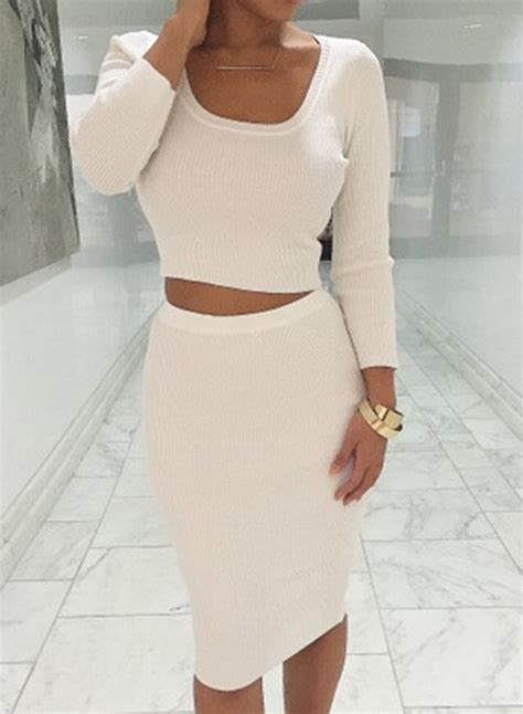 Women S Fashion Solid Long Sleeve Crop Top Midi Skirt Piece Set
