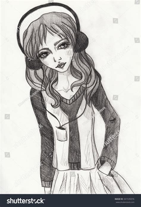 Girl Headphones Girl Listening Music Pencil Stock