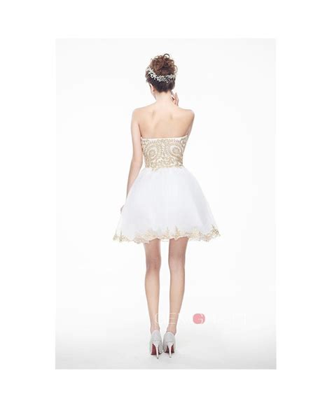 White Mini Short Strapless Beaded Top Tulle Sparkly Puffy Prom Dress