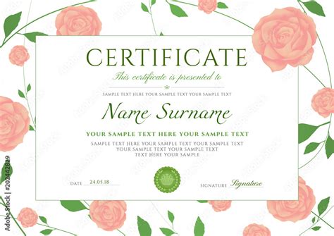 Certificate Of Completion Template With Flowers Roses And Green Floral