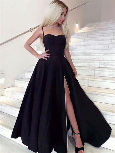 A Line Sweetheart Neck Black Prom Dresses Long Black Long Formal Grad