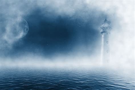 Lighthouse Water Moon Fog Clouds Star Night Sky Blue Mystical