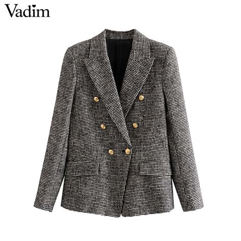 Vadim Women Formal Houndstooth Tweed Blazer Double Breasted Long Sleeve