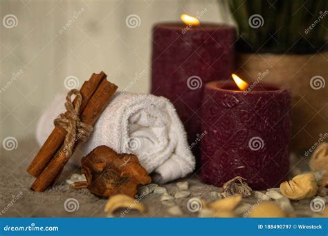 Spa Essentials For Aromatherapy Including Towel And Natural Oil Stock Image Image Of Medicine