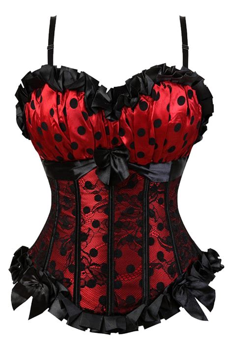 The Atomic Red Satin And Lace Burlesque Polka Dot Corset Features A