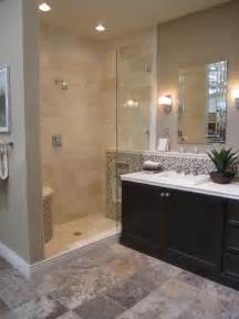 Travertine Tile Shower Transitional Bathroom