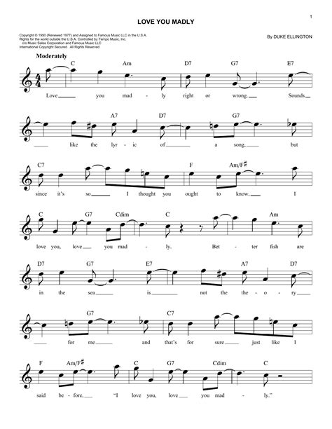 Love You Madly Sheet Music Duke Ellington Easy Lead Sheet Fake Book