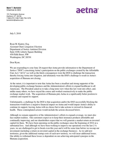 Aetna DOJ Letter | Aetna | Patient Protection And ...