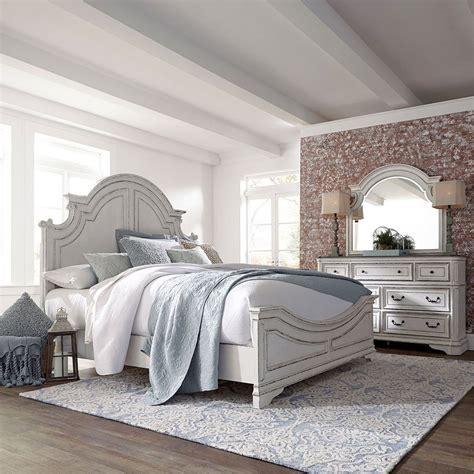 Crafted with poplar solids and cathedral white oak veneers, this piece is upholstered in a beautiful tufted chenille and features a bolt on rail system, as well as a center support slat system. Magnolia Manor Antique White Panel Bedroom Set Liberty ...