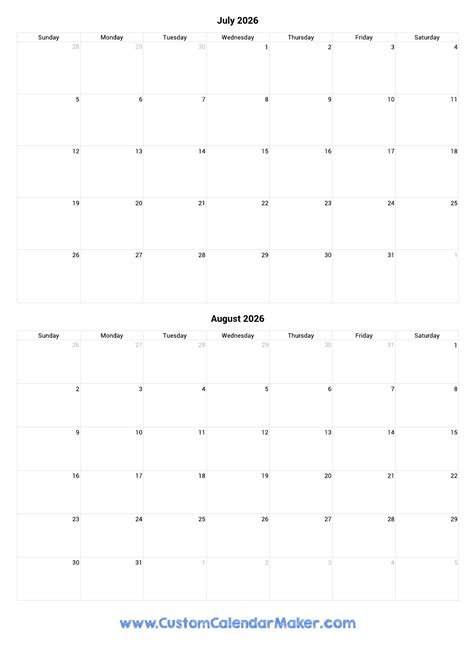 July And August 2026 Printable Calendar Template