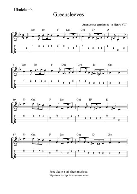 There are arrangements for every level of uke player from beginning to advanced. "Greensleeves" Ukulele Sheet Music - Free Printable | Ukulele fingerpicking songs, Ukulele tabs ...
