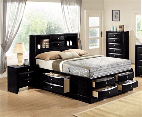 Modern Black Finish Storage Queen Size Bedroom Set 3 Pcs Crown Mark
