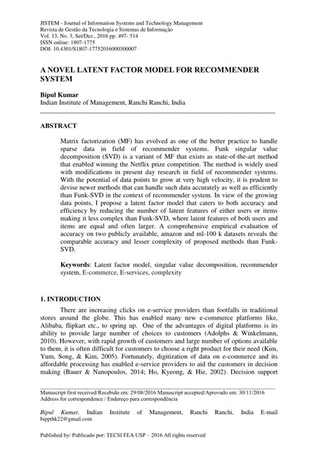 PDF A Novel Latent Factor Model For Recommender System