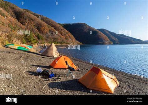 People Camping Next To Lake Motosu Yamanashi Prefecture Honshu Japan