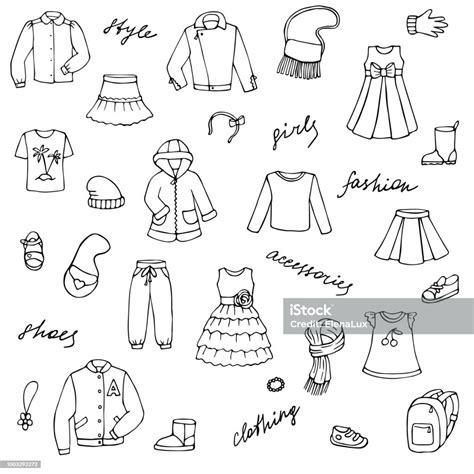 Childish Girl Clothes Shoes And Lettering Doodle Set Stock Illustration