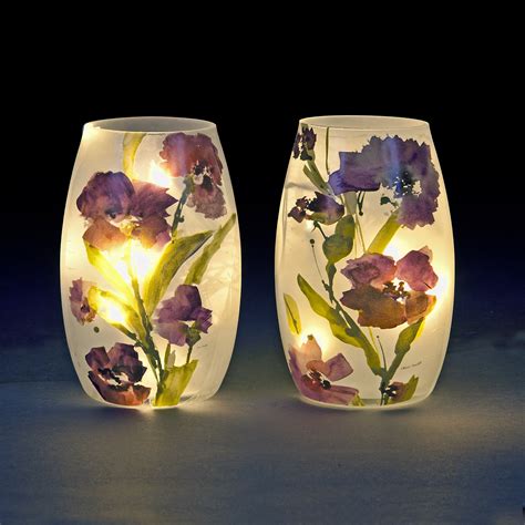 Small Glass Led Light Vase With Purple Floral Design Ebay
