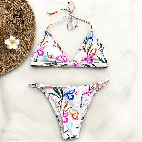 Cupshe Flower Print Halter Triangle Bikini Set Women Backless Hook Sexy Thong Swimwear 2018