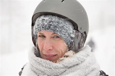 Smiling Face Of Woman Wet Snowy Skin Cold Winter Outdoor Snow Storm