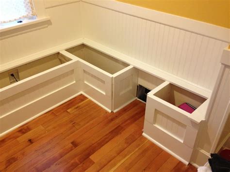 Cut 2×4's (to desired length for bench minus 1.5 inches) and attach to wall for upper and lower frame work with proper screws to studs. DIY Custom Kitchen Nook Storage Benches | Breakfast nook ...