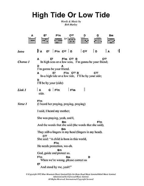 Learn to play with piano, guitar and ukulele in minutes. High Tide Or Low Tide sheet music by Bob Marley (Lyrics & Chords - 41813)